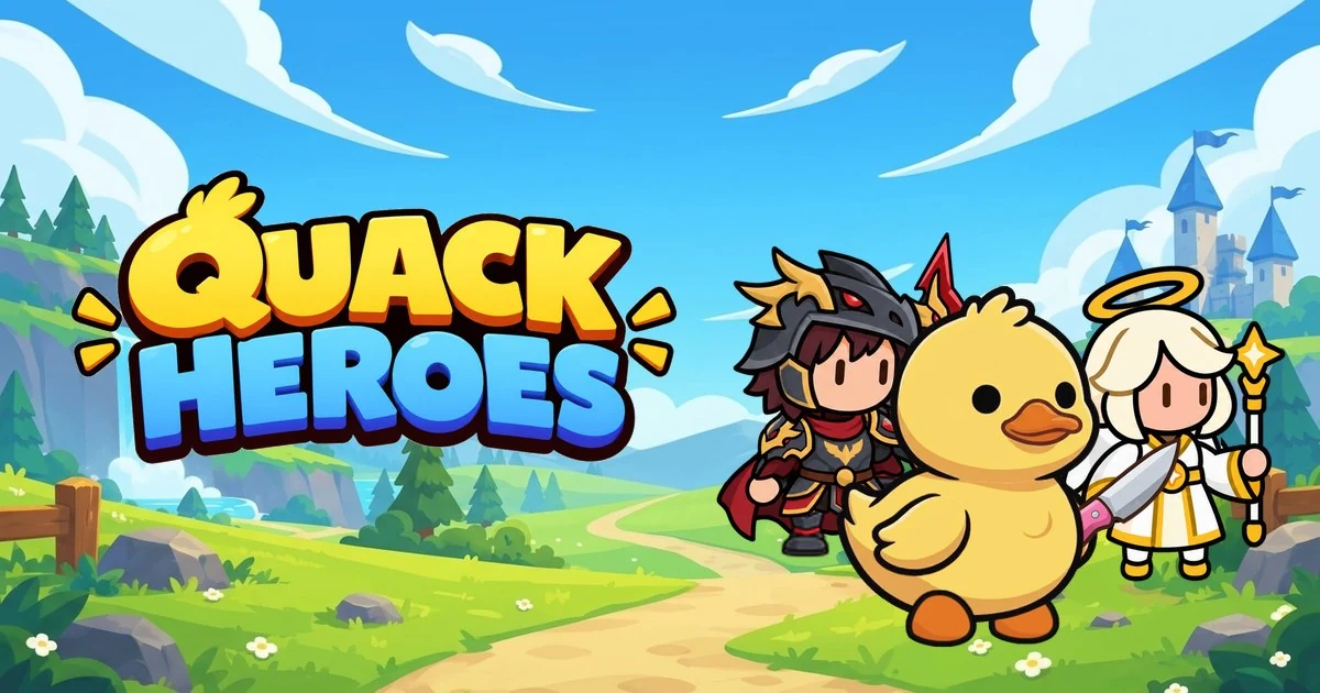 Quack Heroes: a duck with a knife, a dark knight and an angel in a bright meadow